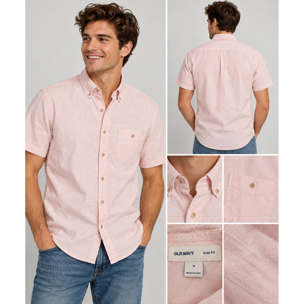 Old Navy Button Down Shirt Mens Medium Pink Preppy Coastal Slim Fit Linen Blend